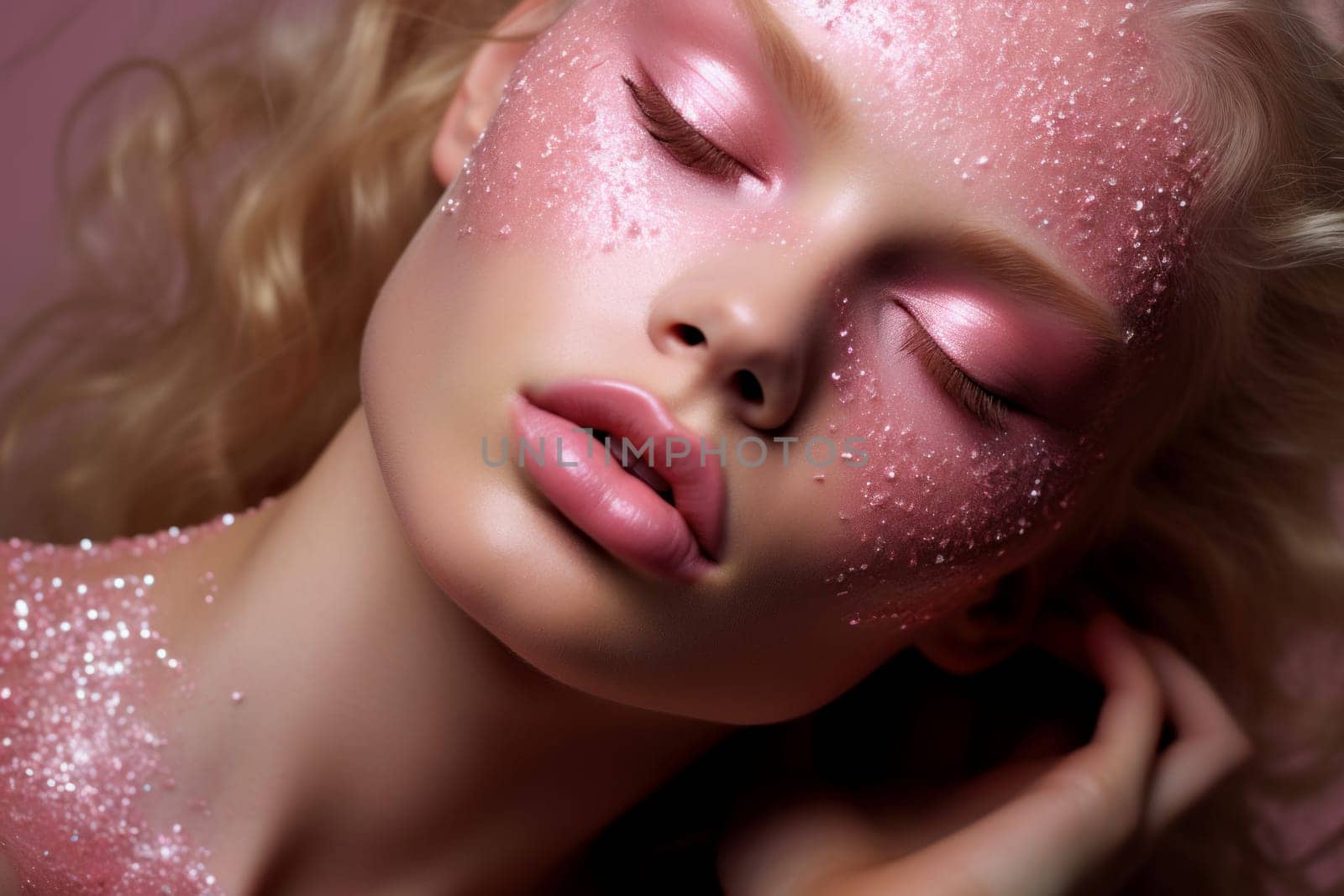 Radiant Model pink glitter. Beauty portrait. Generate Ai