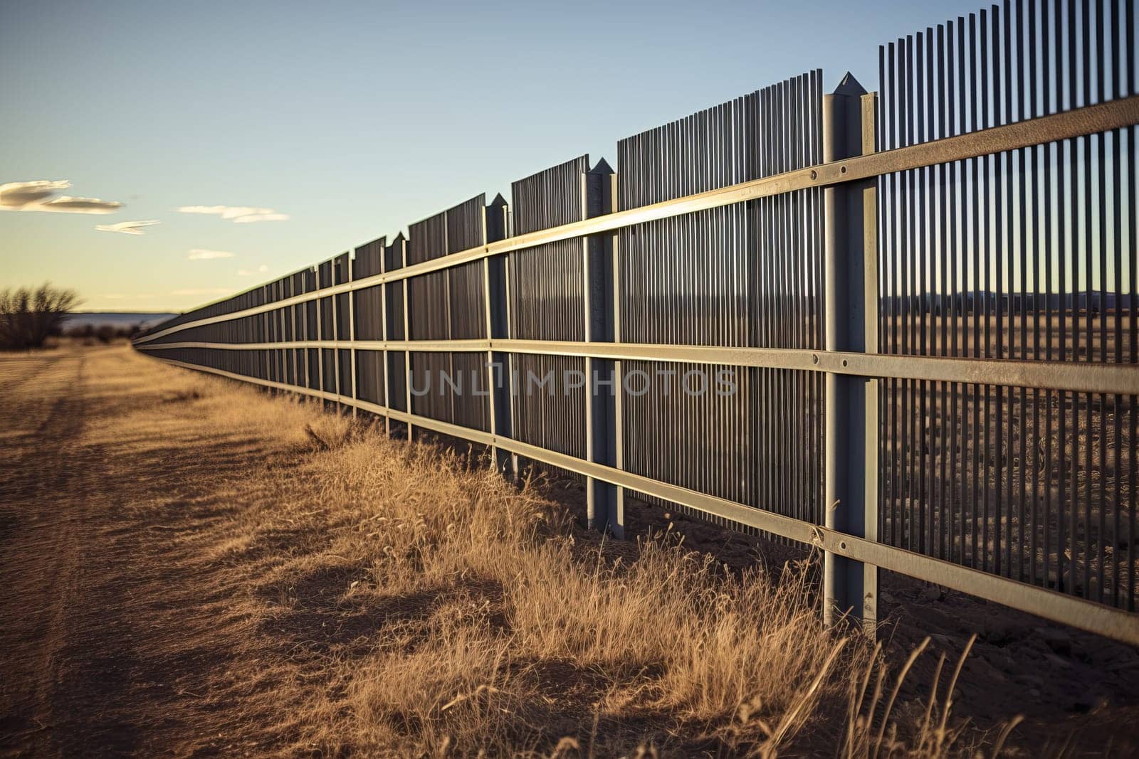 Compelling Usa mexico border view. Crossing metal barrier fence. Generate Ai