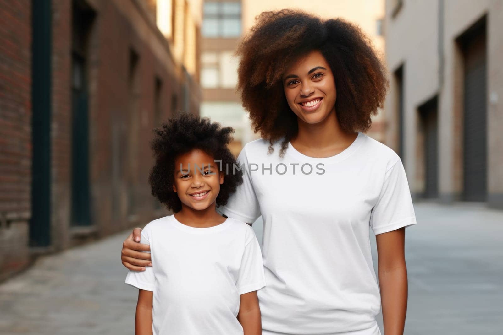 Radiant Black mom wearing white with kid. Love african. Fictional person. Generate Ai