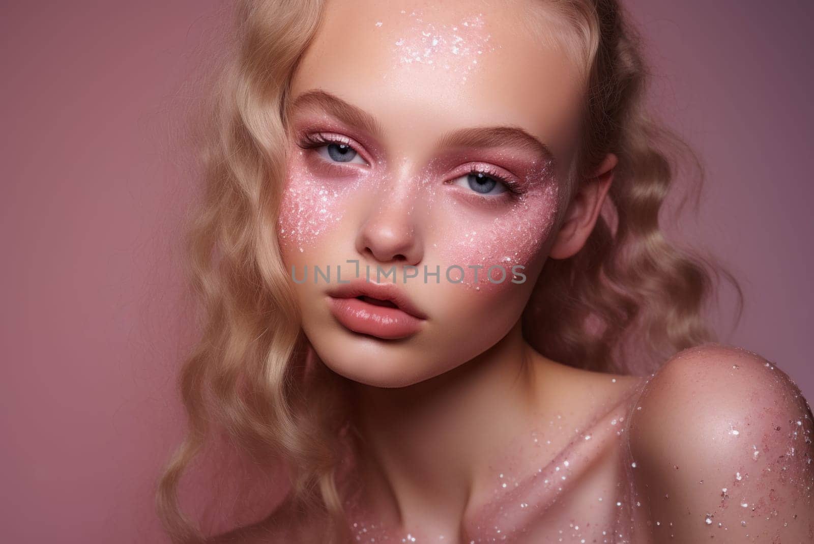 Eye-catching Model pink glitter. Beauty portrait. Generate Ai
