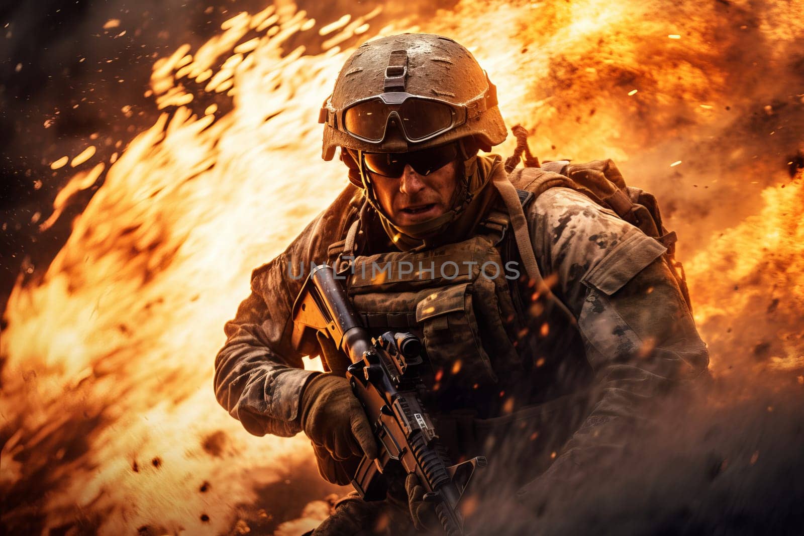 Resilient Military soldier in fire splashes. Warrior assault in flames. Generate Ai