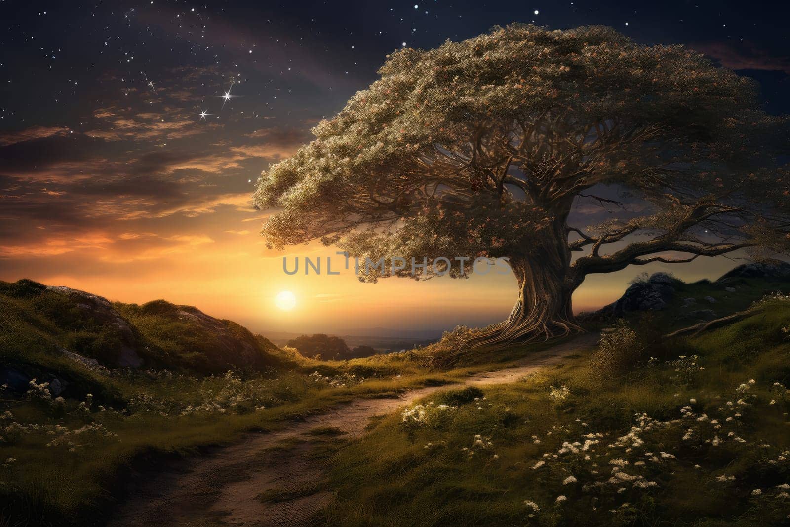 Secluded Moon meadow tree. Dark star. Generate Ai