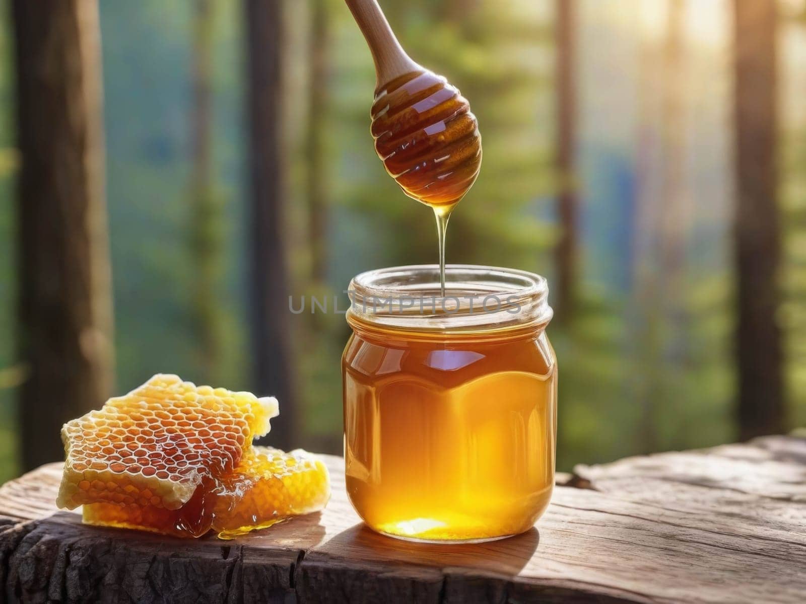 Close-up of a jar of honey with a honey dipper on a wooden table with a green natural background.