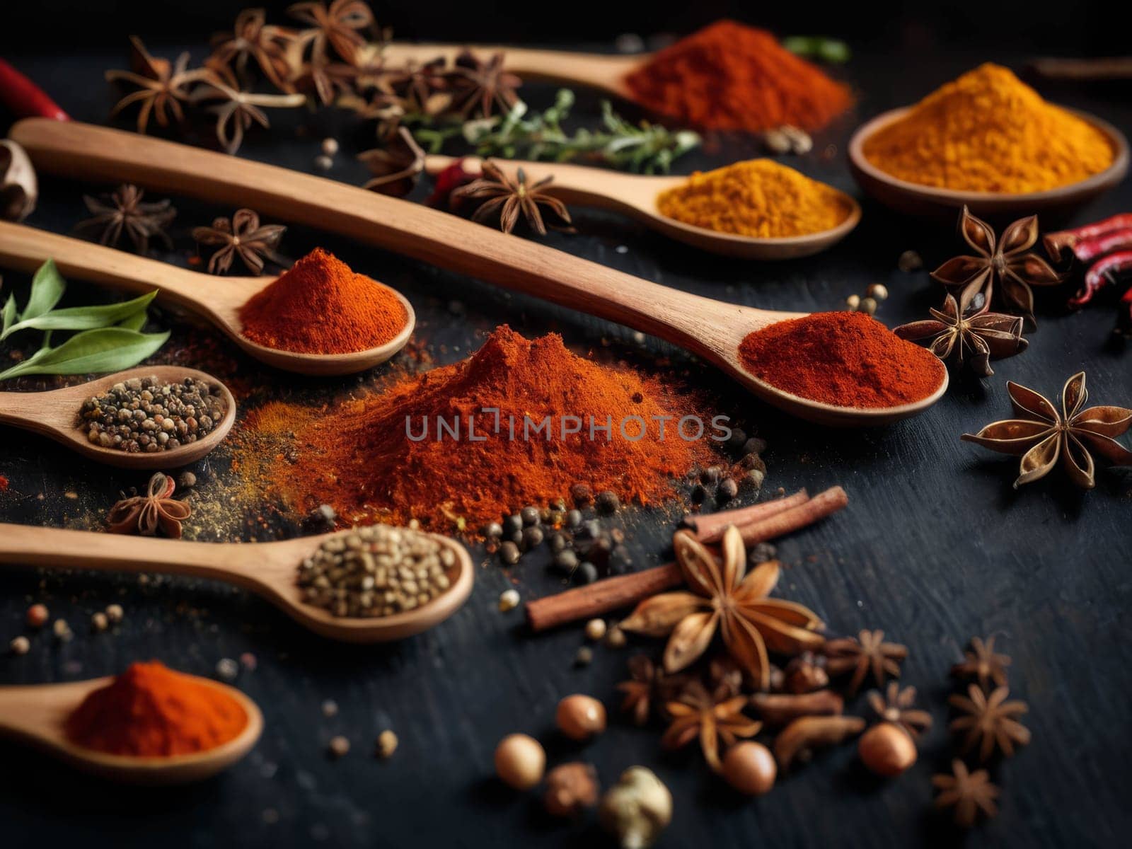 Various colorfull spices in spoons. Decorative. Colorfull image