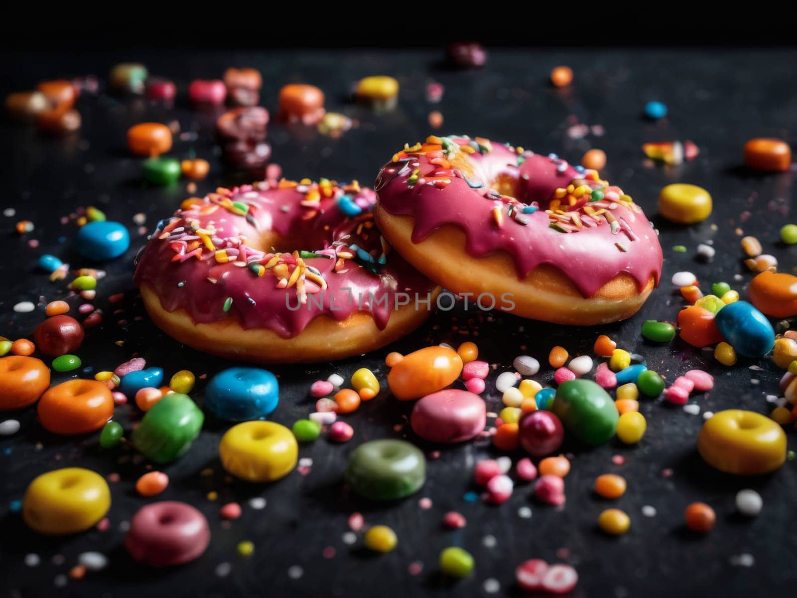 Assorted donuts with chocolate frosted, pink glazed and sprinkles donuts. Sweets scatered on the table
