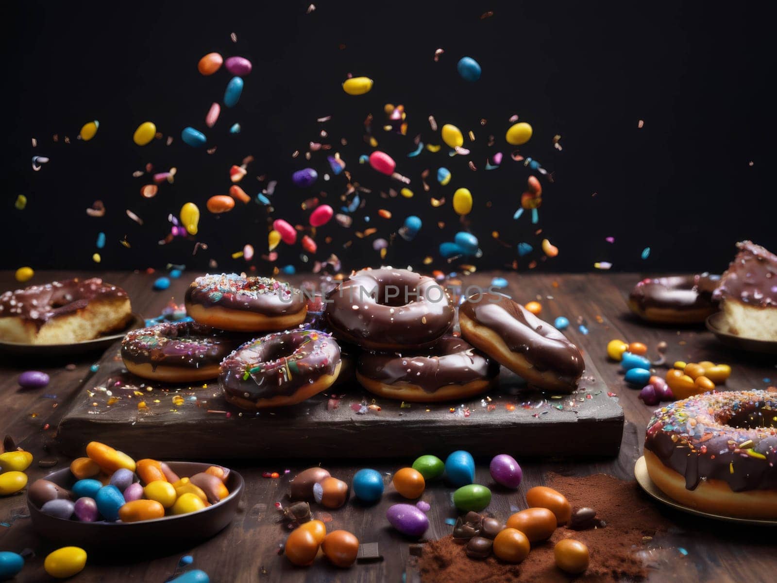 Assorted donuts with chocolate frosted, pink glazed and sprinkles donuts. Sweets scatered on the table