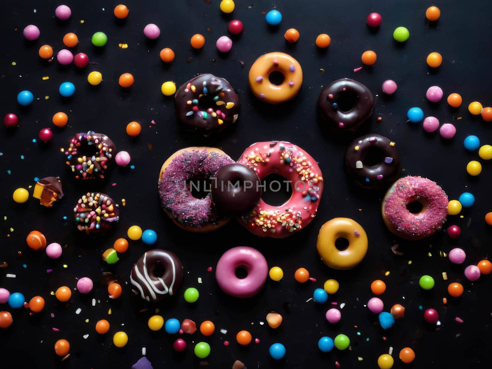 Assorted donuts with chocolate frosted, pink glazed and sprinkles donuts. Sweets scatered on the table