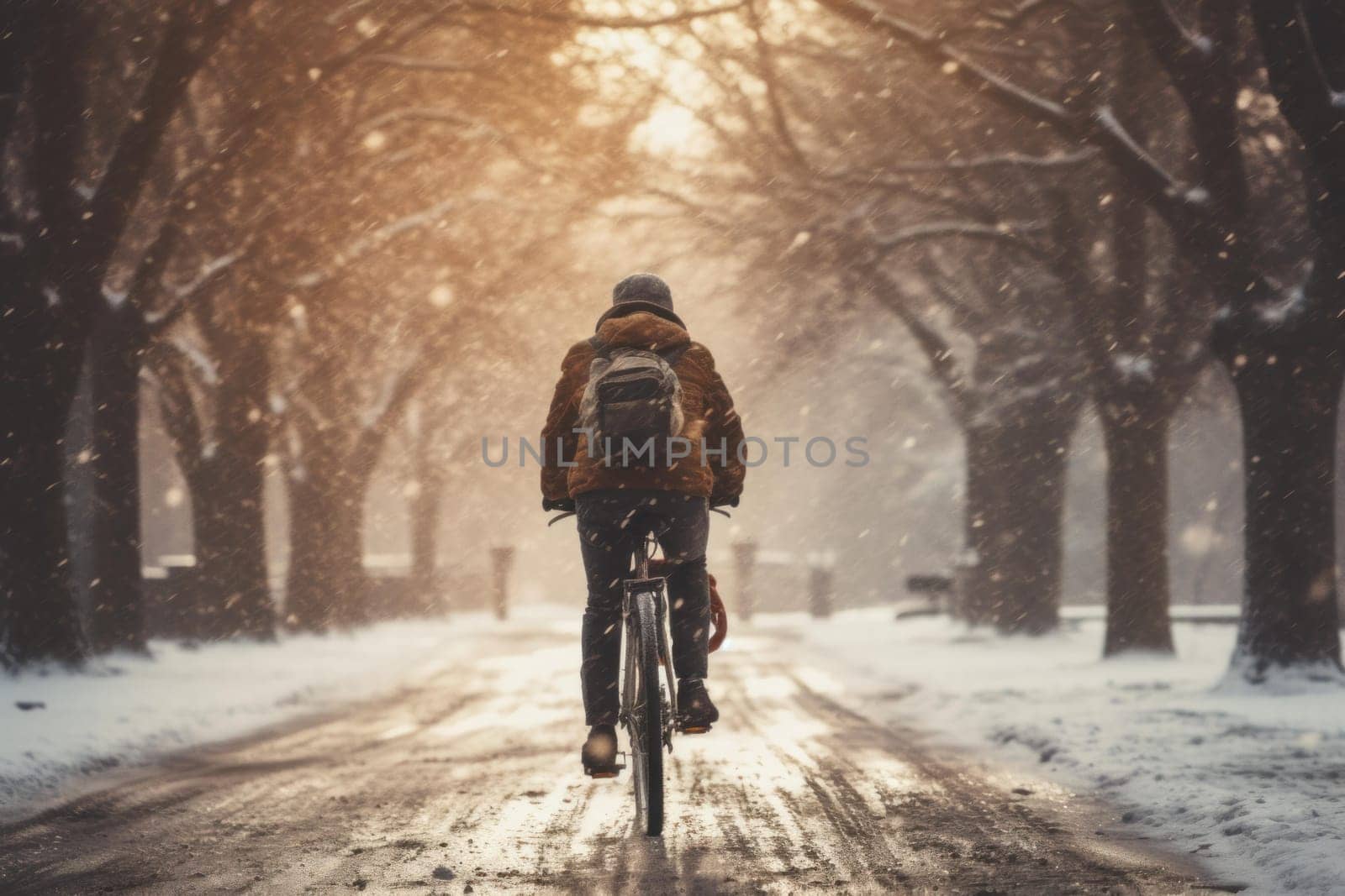 Person riding bike snow. Winter landscape. Fictional person. Generate Ai
