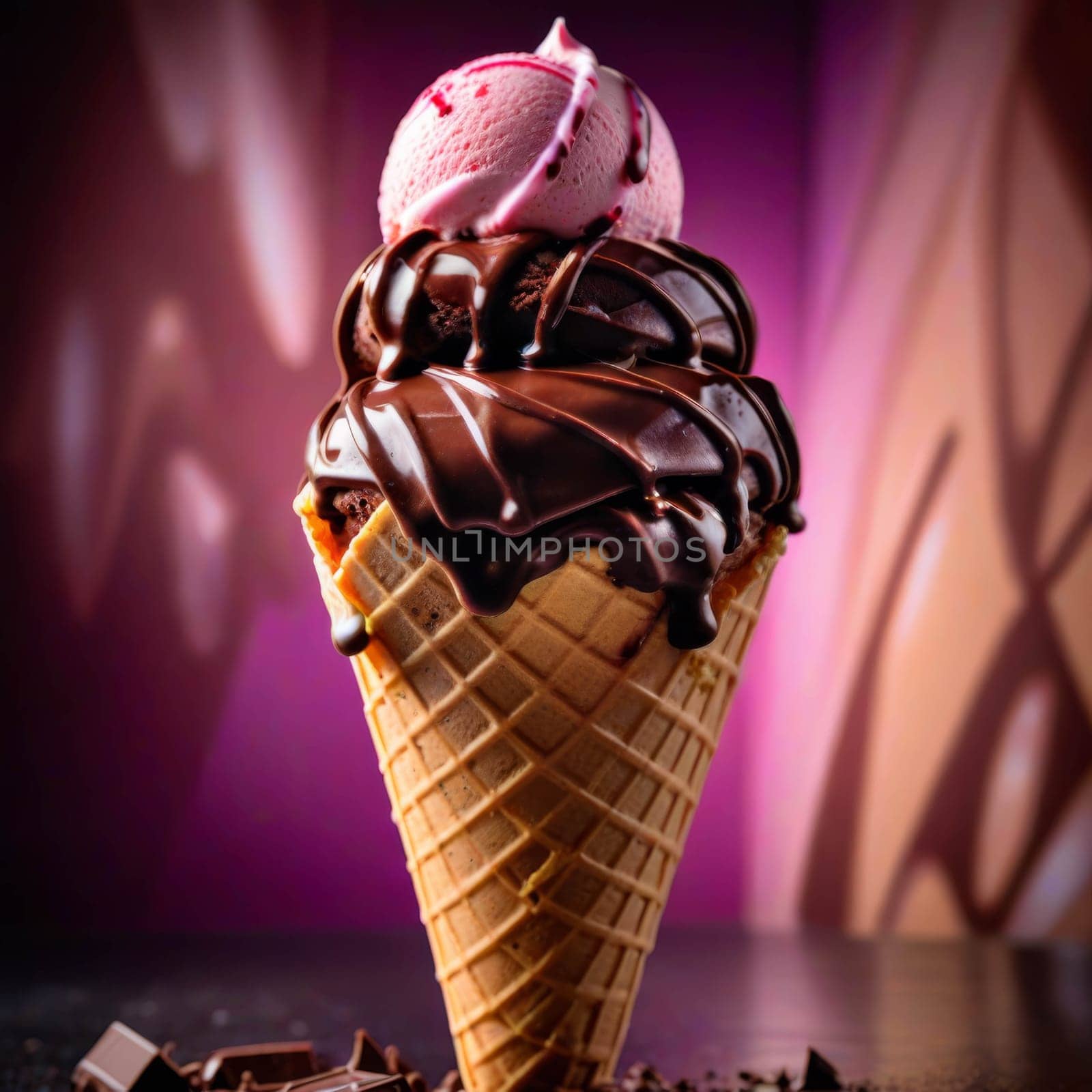 Strawberry amd chocolate ice-cream in cone standing on the table. Chocolate scattered on the table