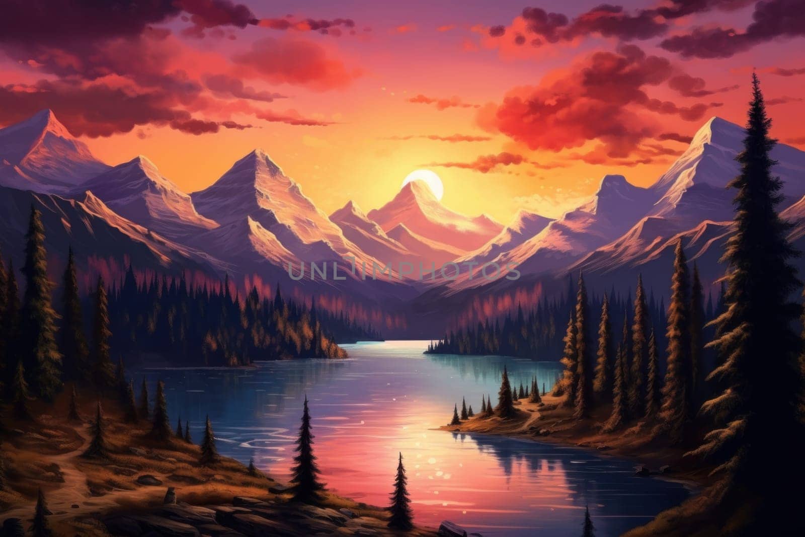 Breathtaking Mountains art sunset poster. Color water light. Generate Ai
