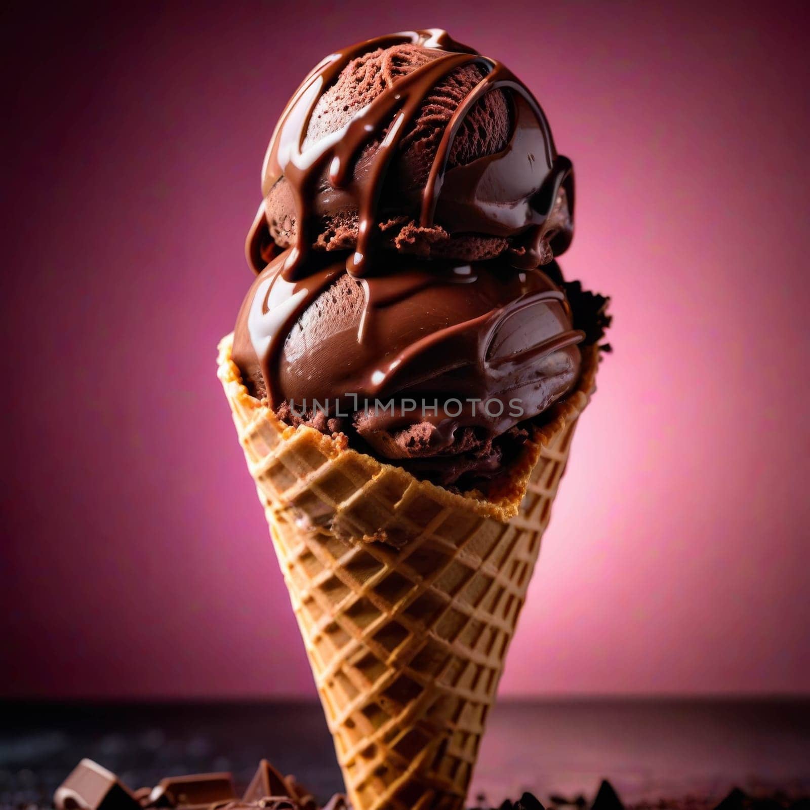 Chocolate ice-cream in cone standing on the table. Chocolate scattered on the table