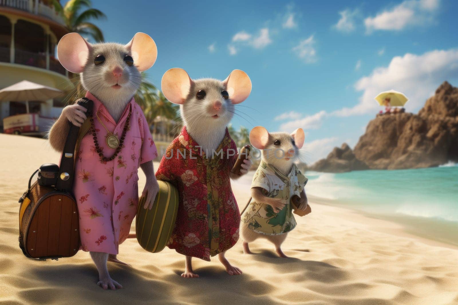 Sandy Mouse beach vacation. Mice sea. Generate Ai