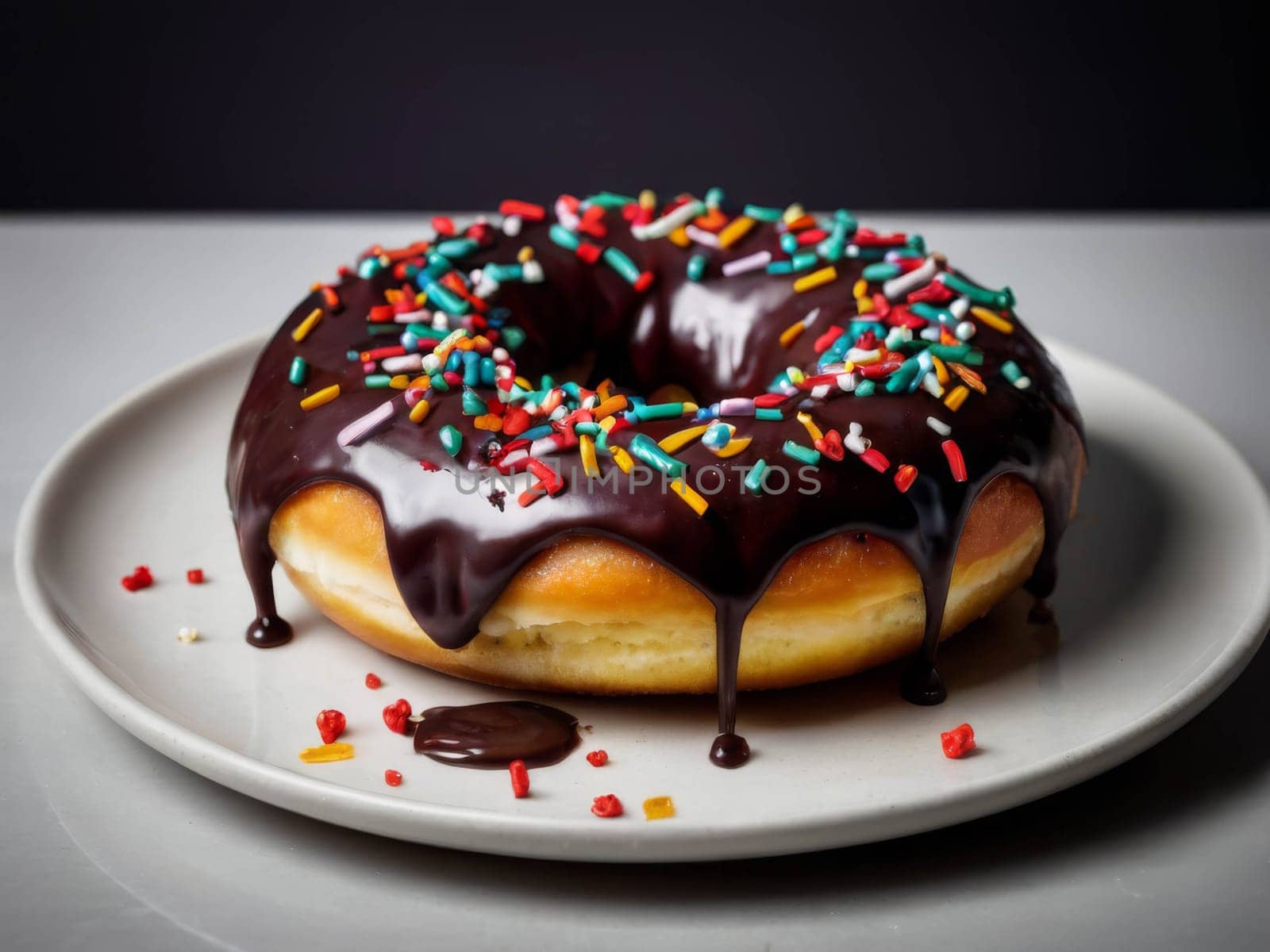 Chocolate donuts on the table. Colorful with sweets and candies