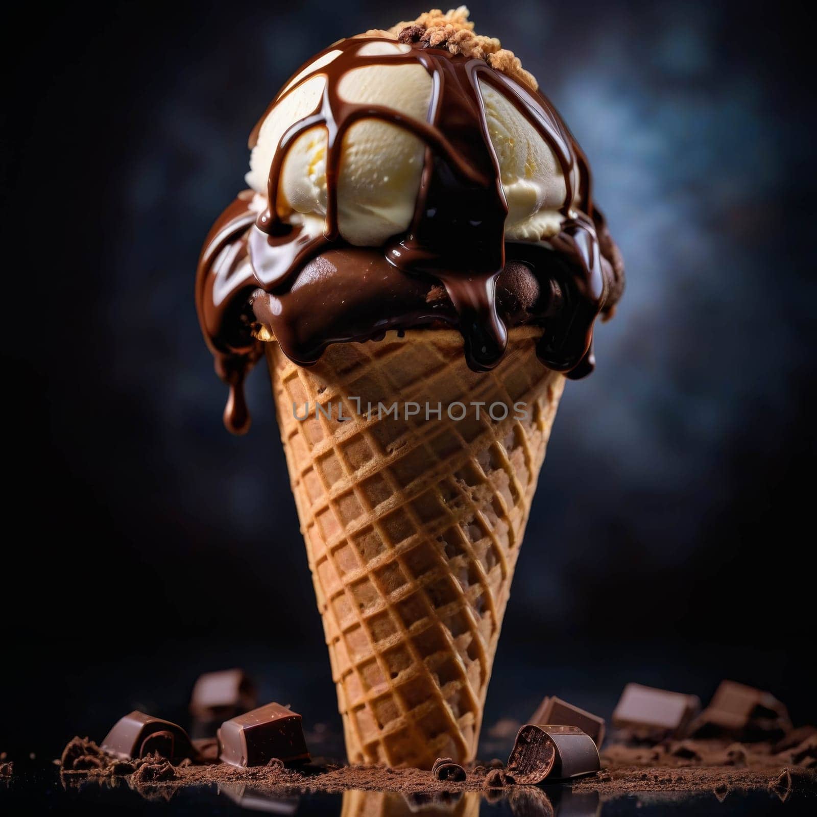 Chocolate Ice-cream in cone standing on the table. Closeup, isolated, deep black