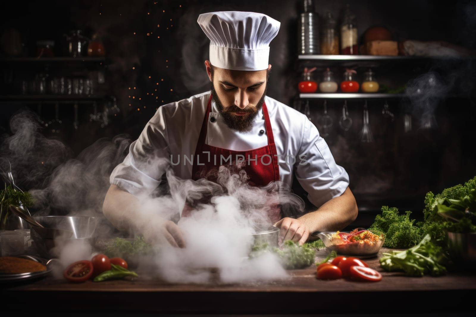 Person chef cooking. Hotel cuisine work. Generate Ai