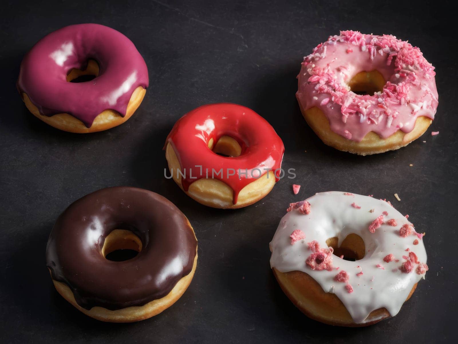 Chocolate donuts on the table. Colorful with sweets and candies