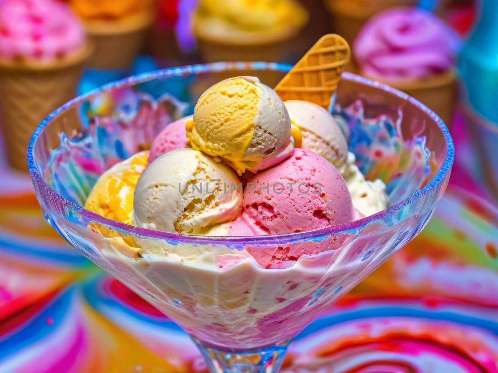 Vivid color ice-cream in colorful-party like composition. Colorful background