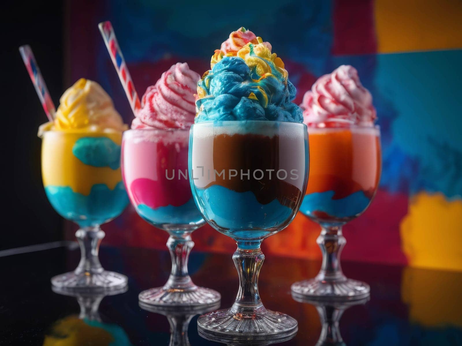 Colorfull ice-cream in glass. Milk splashing. Poppy colors