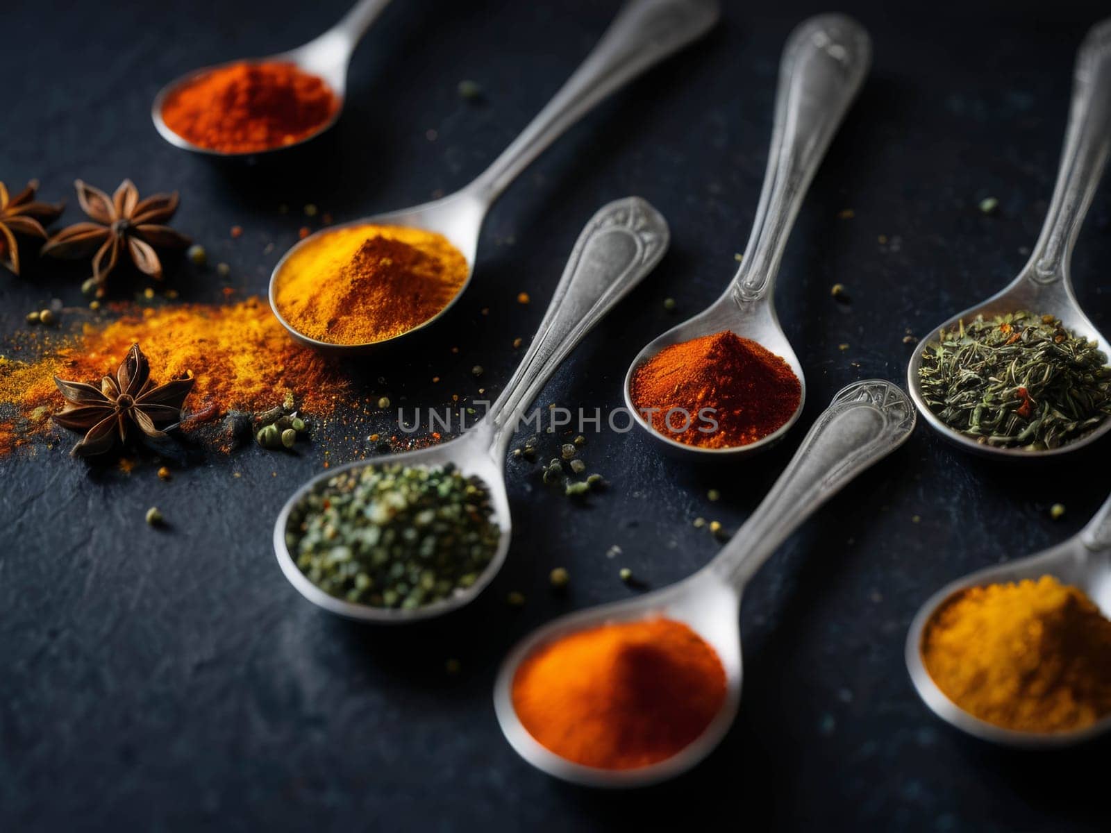 Various colorfull spices in spoons. Decorative. Colorfull image