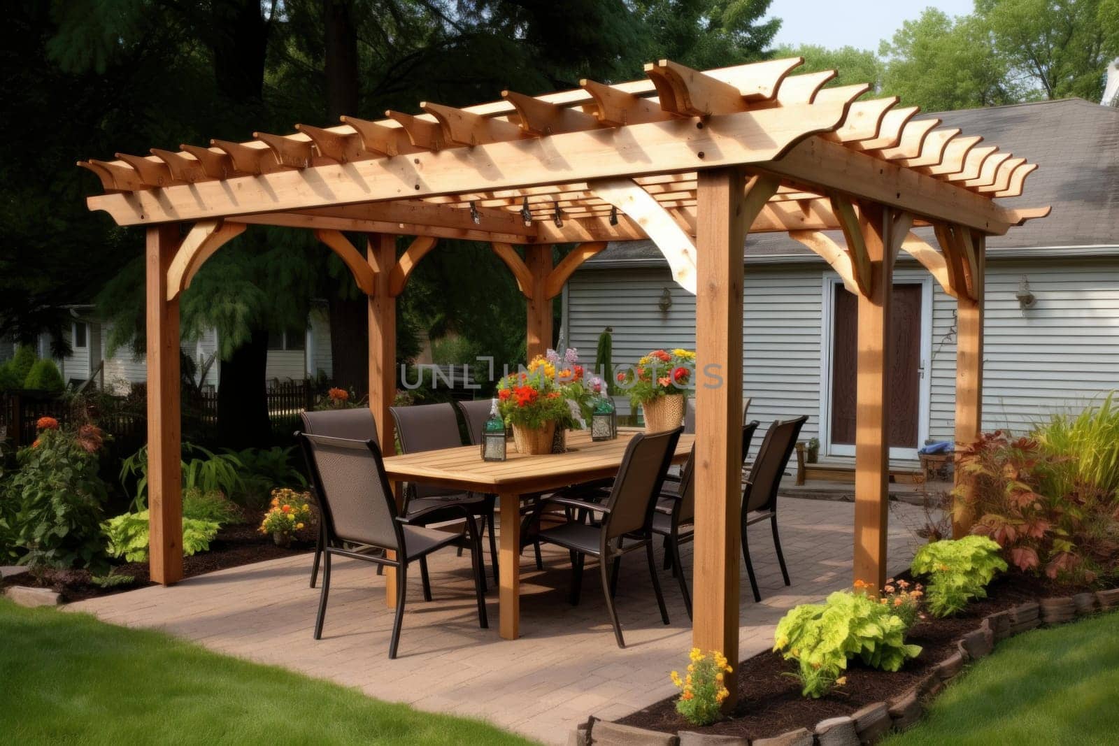 Rustic Pergola wood lake gazebo. Natural wooden. Generate AI