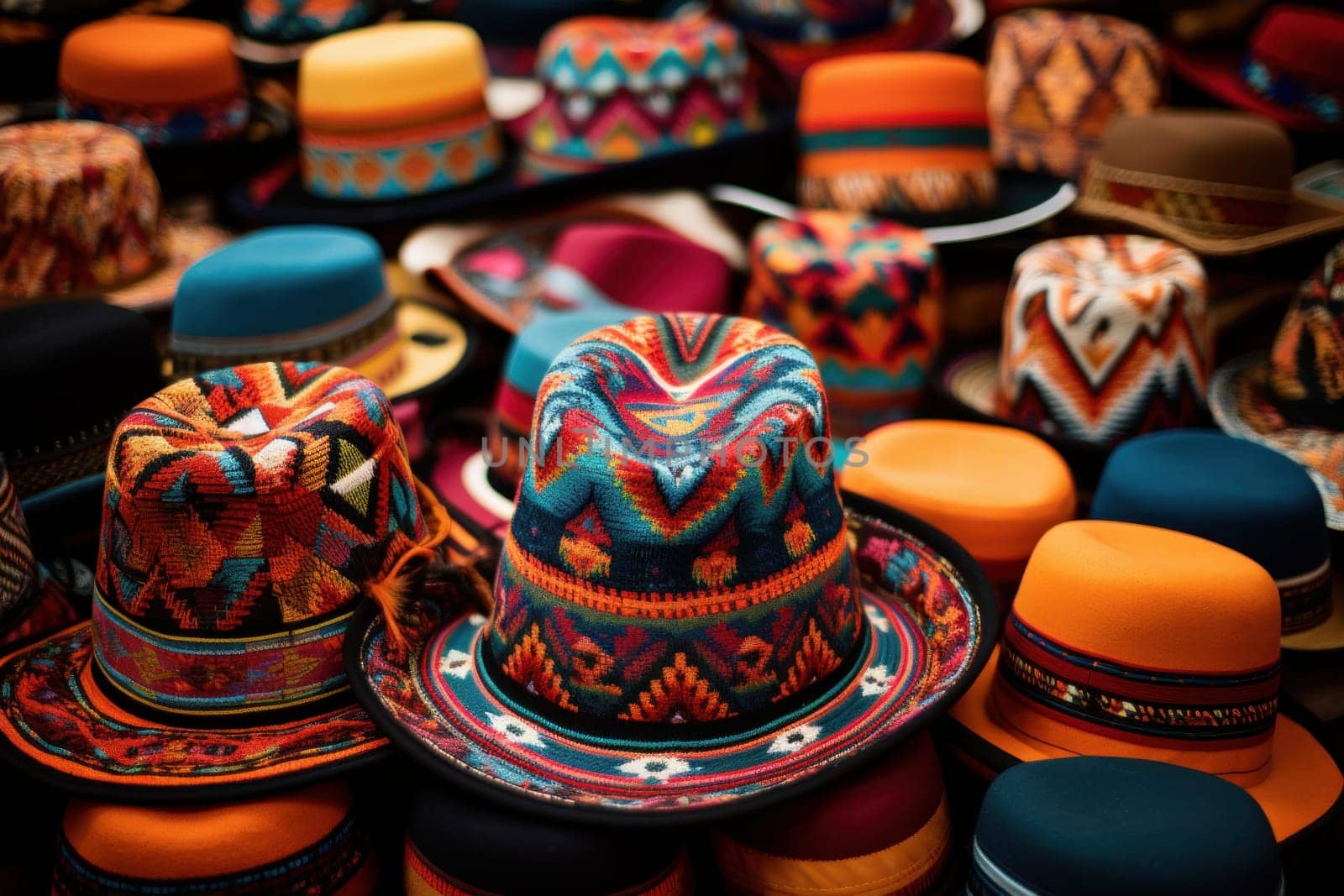 Vibrant Peru colorful decorated hats. Brightly multicolored ceremonial festive headwear. Generate ai