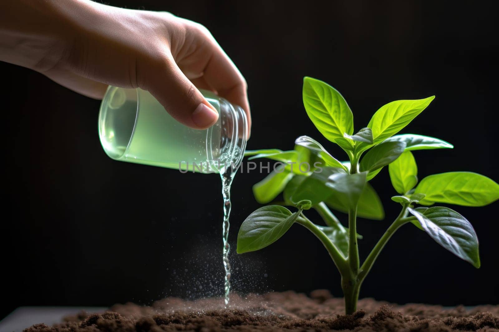 Person watering plant pot. Indoor home. Generate Ai