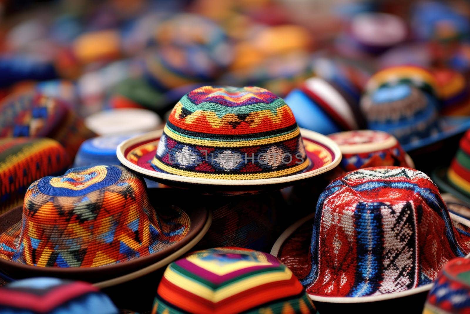 Exquisite Peru colorful decorated hats. Brightly multicolored ceremonial festive headwear. Generate ai