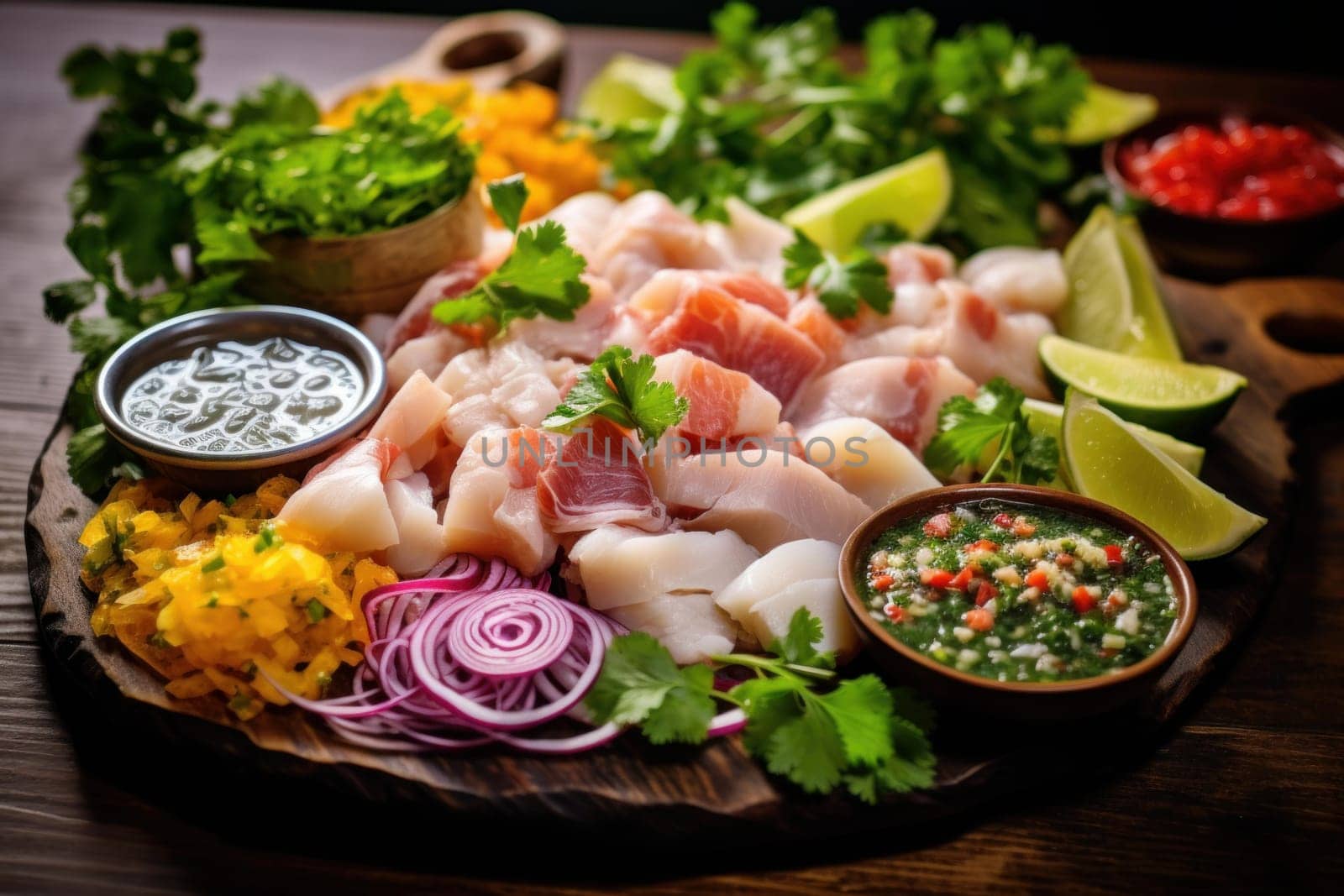 Tangy Peruvian ceviche platter. Citrusy seafood dish with marinated raw fish. Generate ai