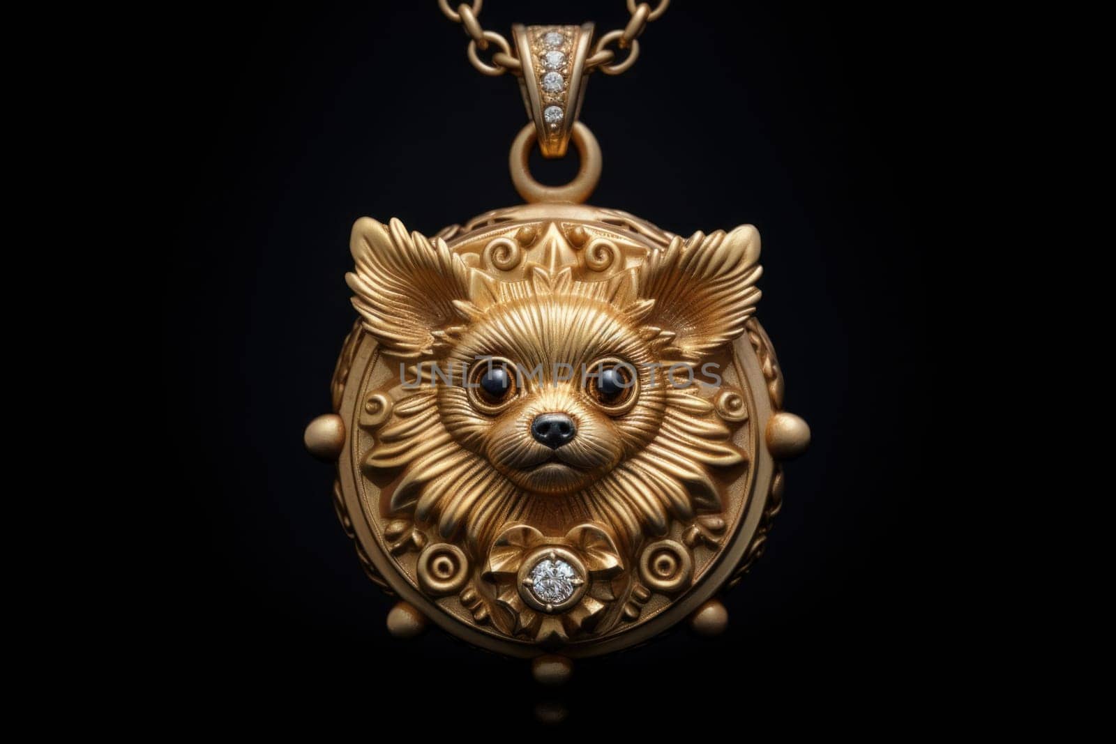 Exquisite Pet golden necklace tag pendant. New domestic pet element for name id. Generate Ai