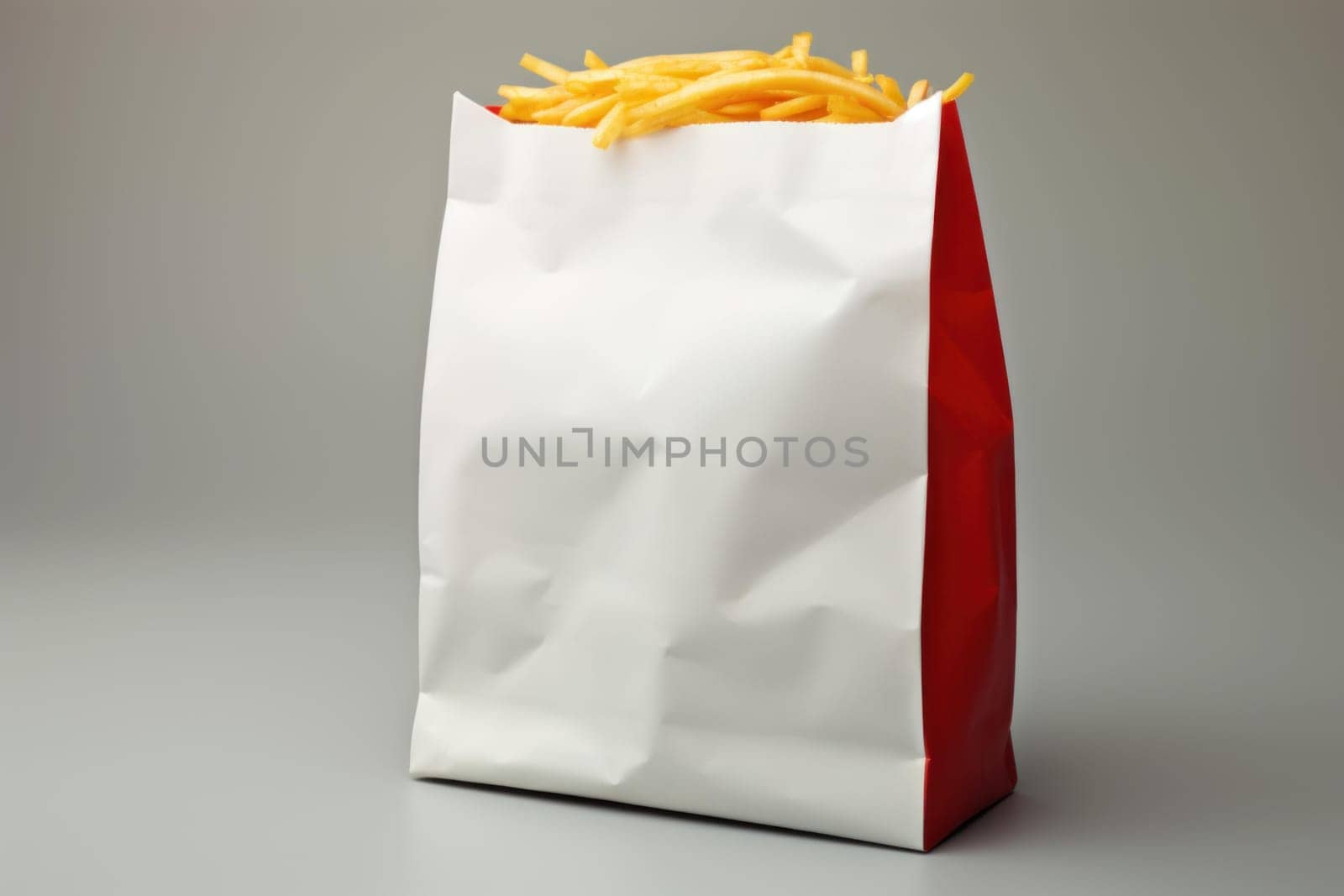 Appetizing Paper bag of fast food photo. Shop pack fries. Generate Ai