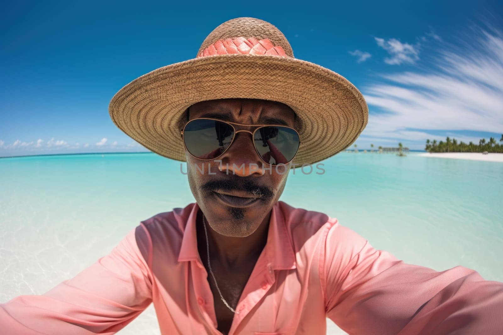 Photo selfie of Bahamian man with summer cap. Portrait of black man with tropical nature background. Generate ai