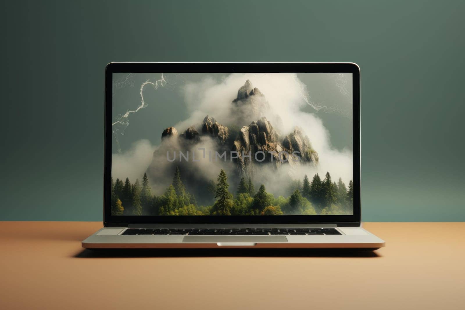 Photo of open laptop screen on black surface. Modern digital notebook computer device. Generate ai