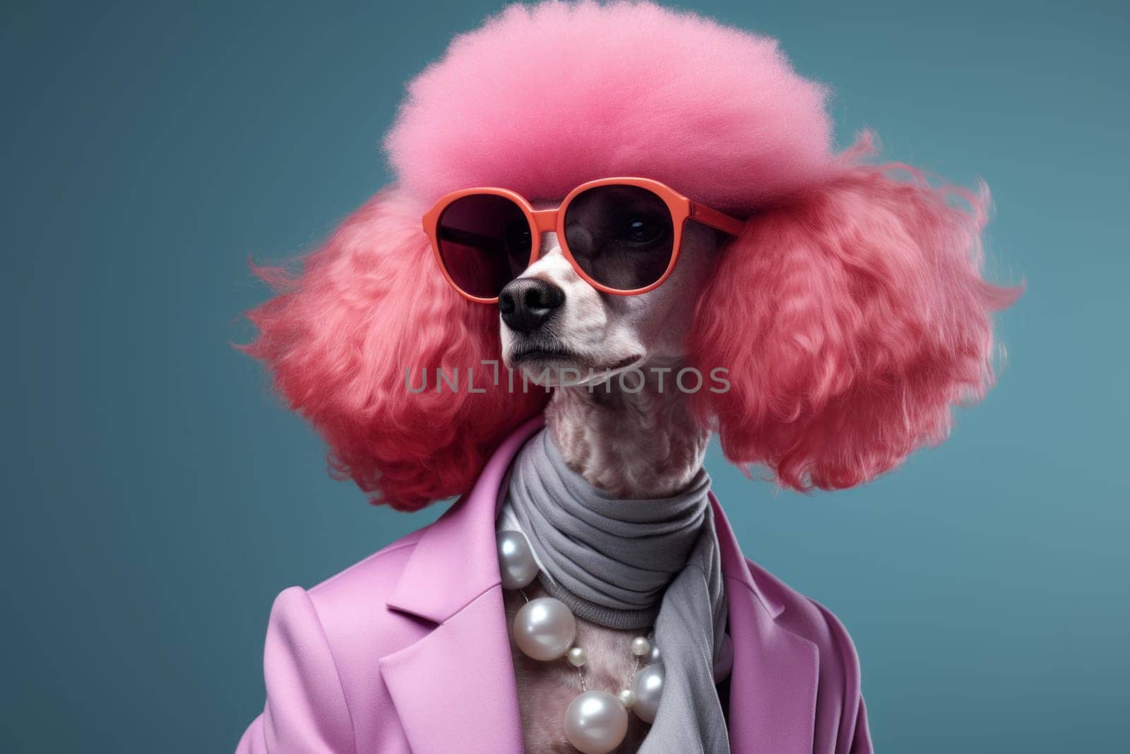 Chic Photo stylish glamorous poodle with pink fur. Luxury fluffy dog portrait outdoor. Generate ai