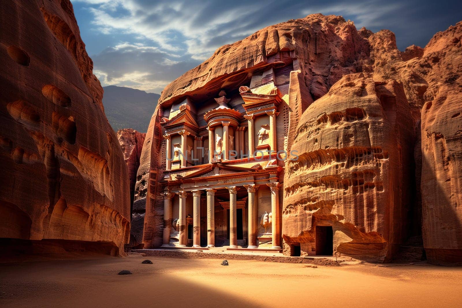 Petra temple from Jordan. Ancient old sandstone monastery mountain architecture. Generate ai