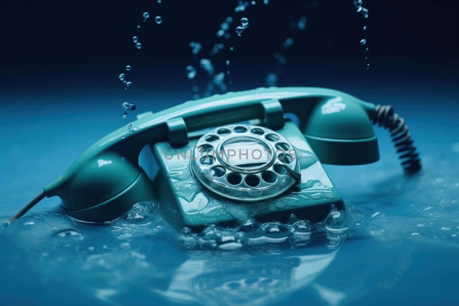 Illuminated Phone in blue water. Wet phone mobile wave smart. Generate Ai