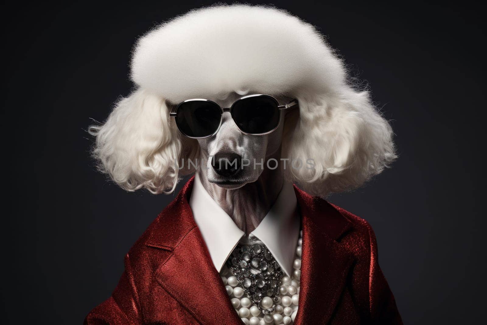 Photo stylish glamorous poodle with white fur. Luxury fluffy dog portrait outdoor. Generate ai