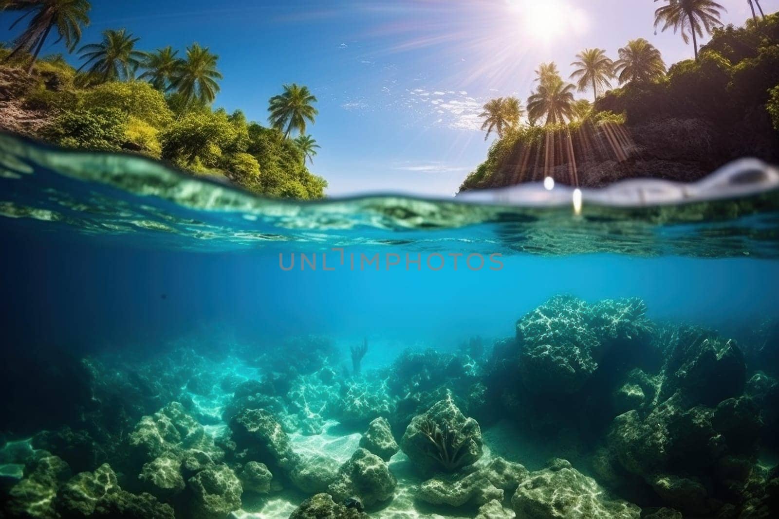 Caribbean sea view. Lagoon bay island. Generate Ai