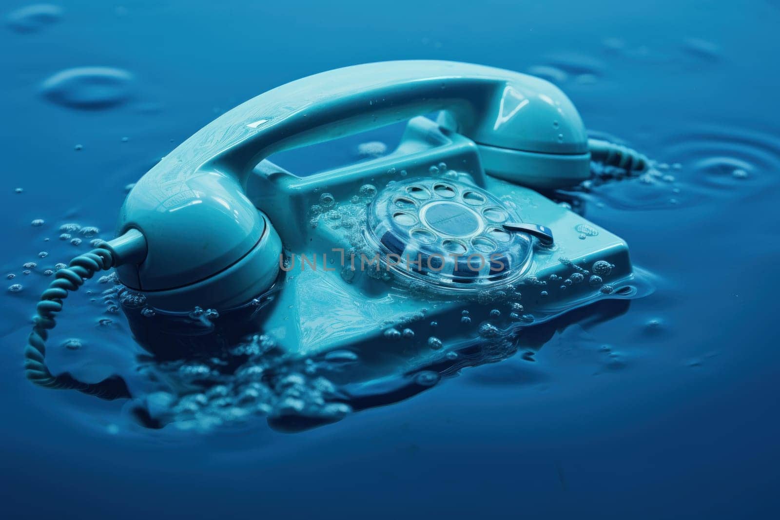 Submerged Phone in blue water. Wet phone mobile wave smart. Generate Ai