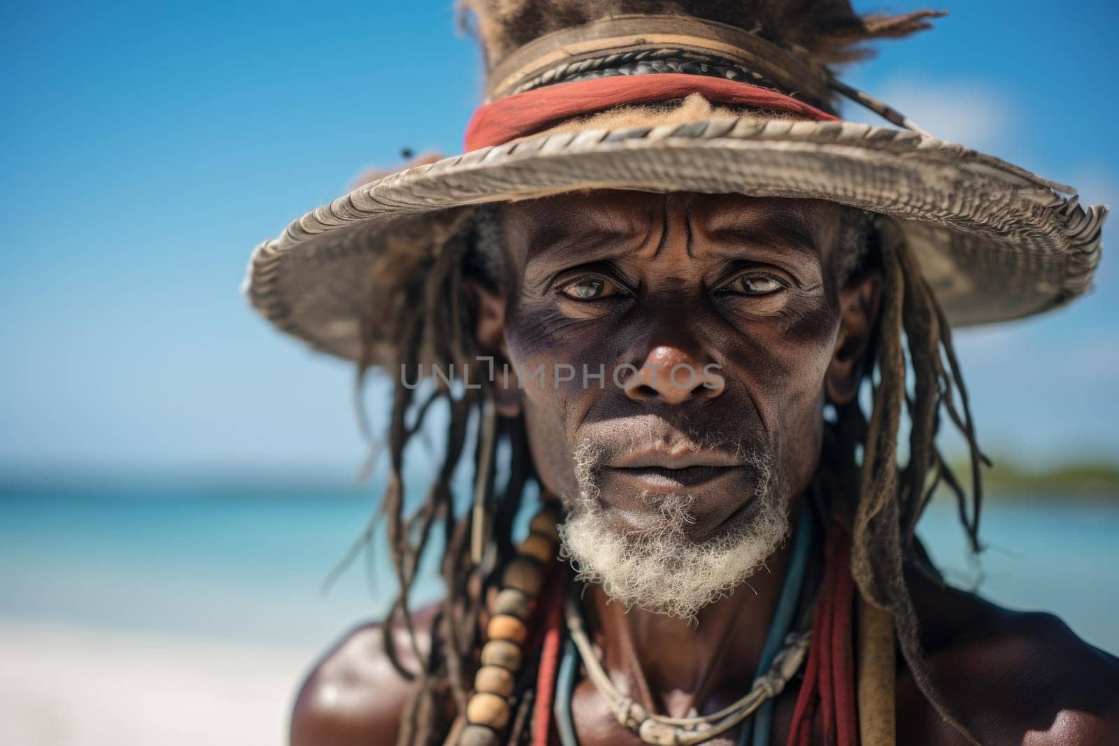 Photo of Bahamian young male on exotic nature background. Black skinned guy portrait on tropical palms. Generate ai