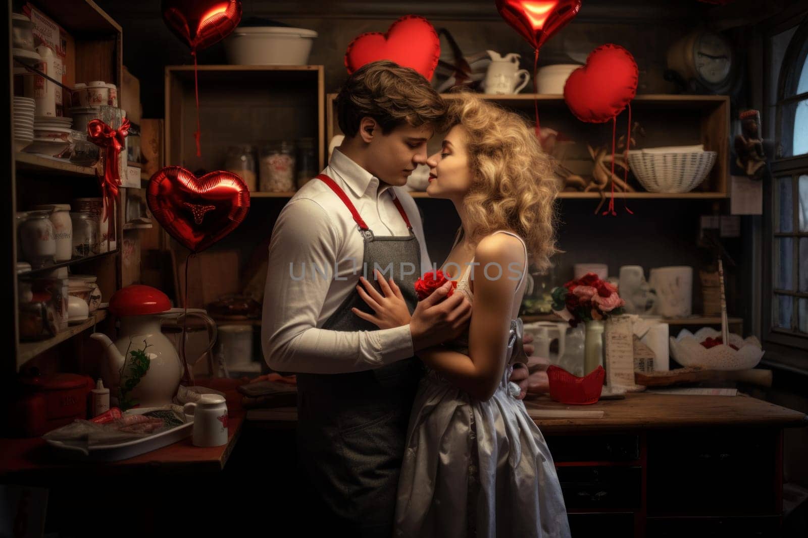 Young couple photo on valentine day. Cuddling lovers romantic date with flower gift. Generate ai