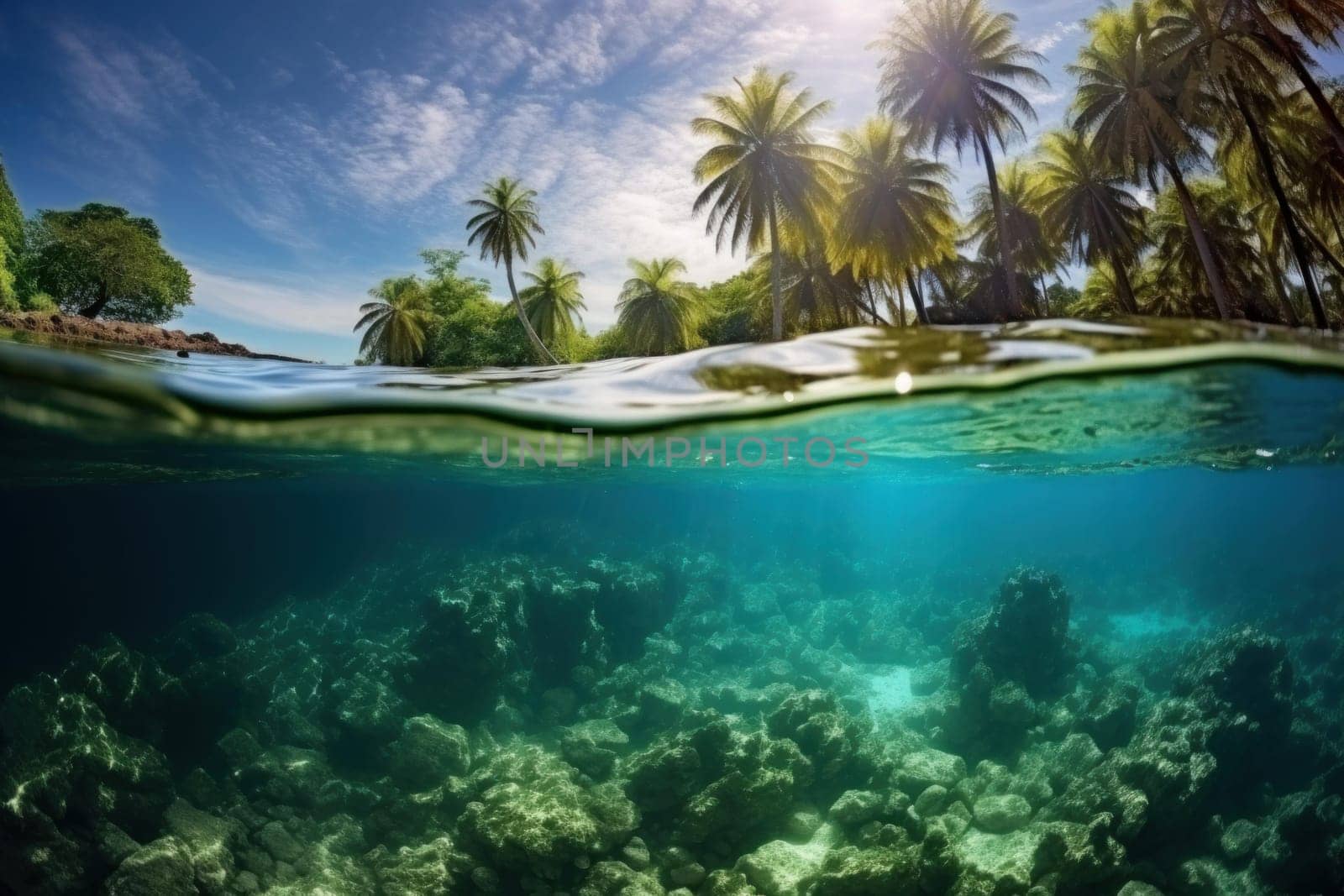 Tropical Caribbean sea view. Lagoon bay island. Generate Ai