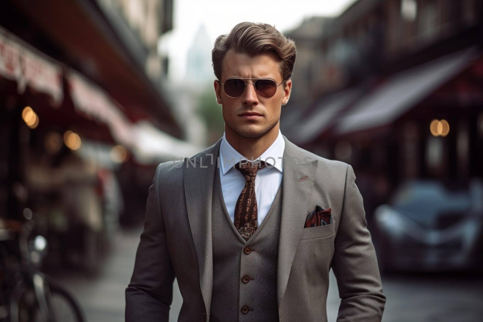 European fashion businessman street photo. Glasses suit modern style. Generate Ai