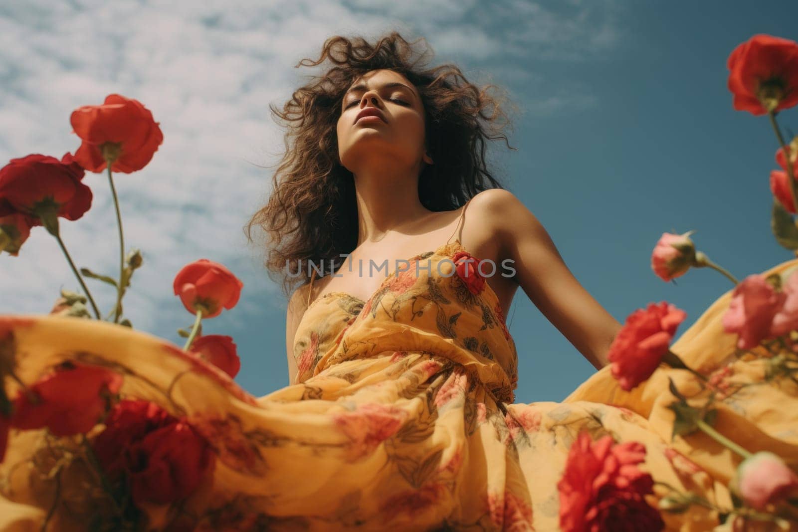 Sunny Girls photo shoot summer. Flower space. Generate Ai