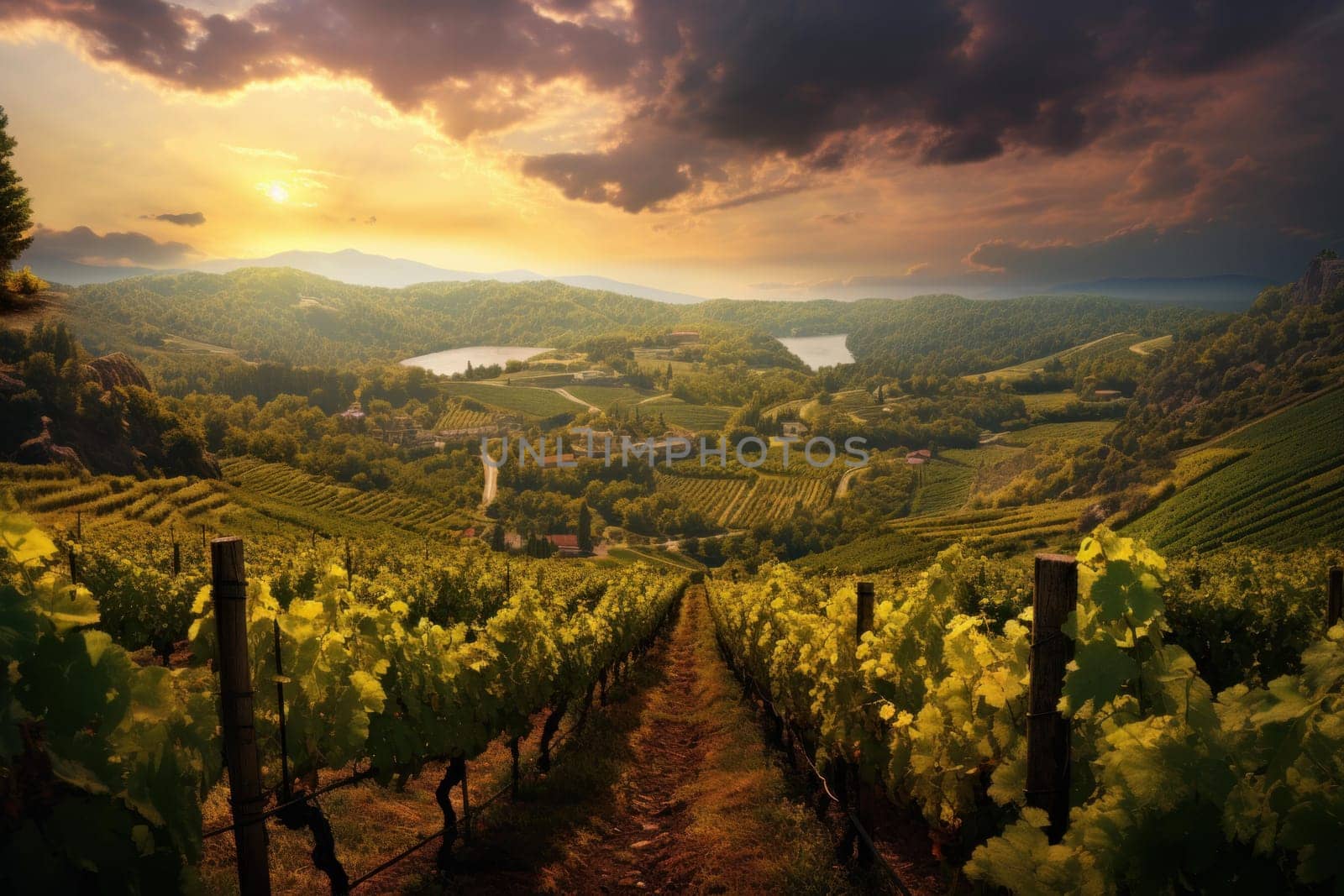 Serene Vineyard landscape. Italy winery country. Generate Ai