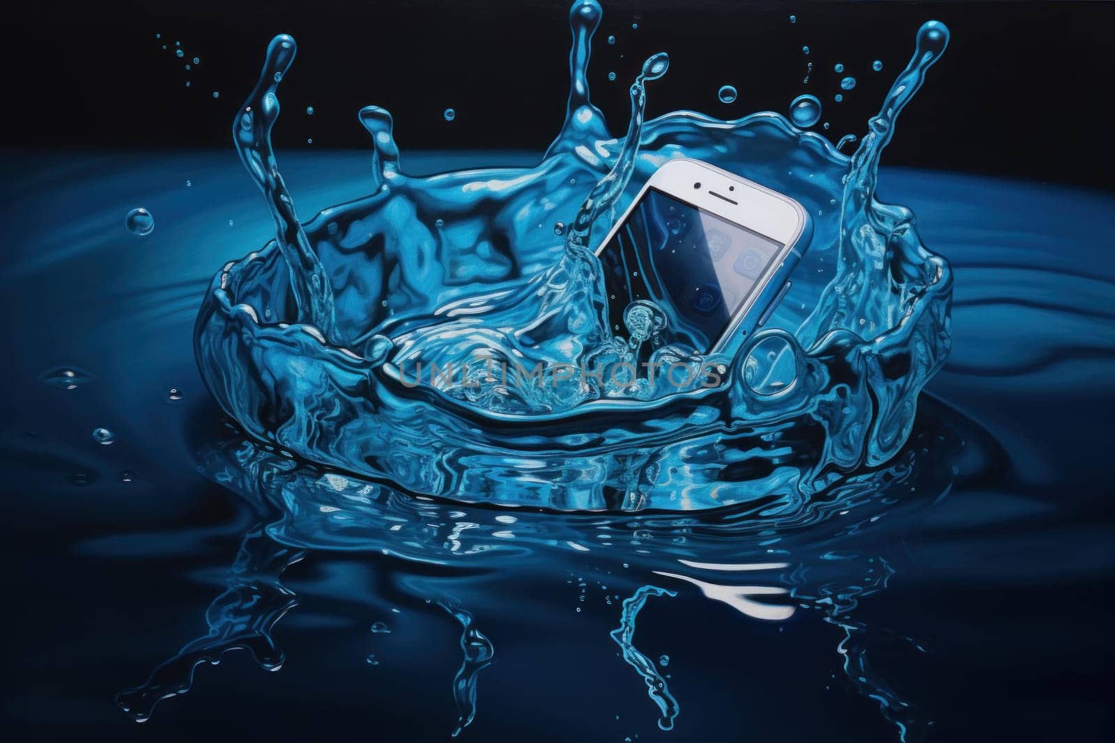 Phone in blue water. Wet phone mobile wave smart. Generate Ai