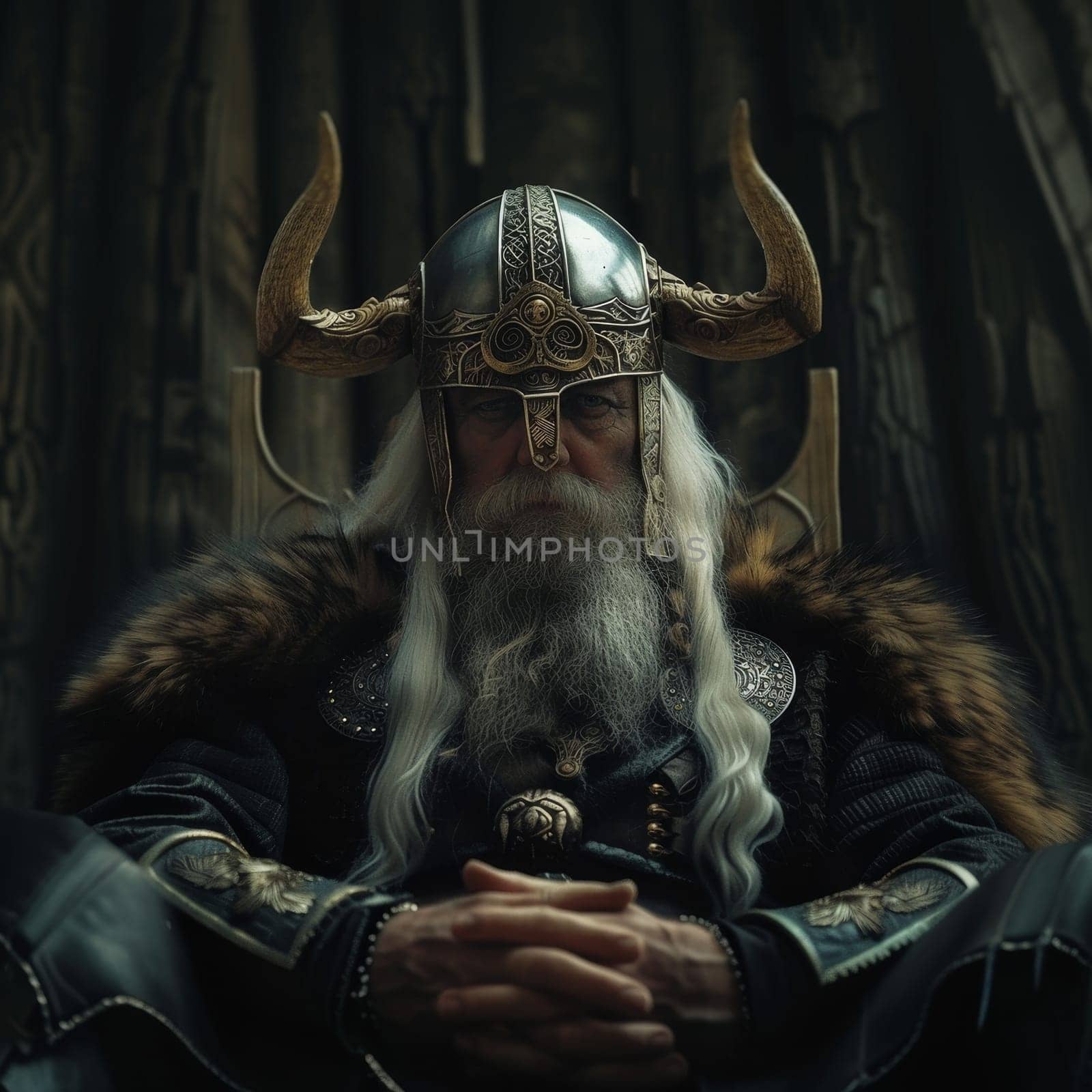 Majestic elderly Viking king with a horned helmet seated in a grand hall