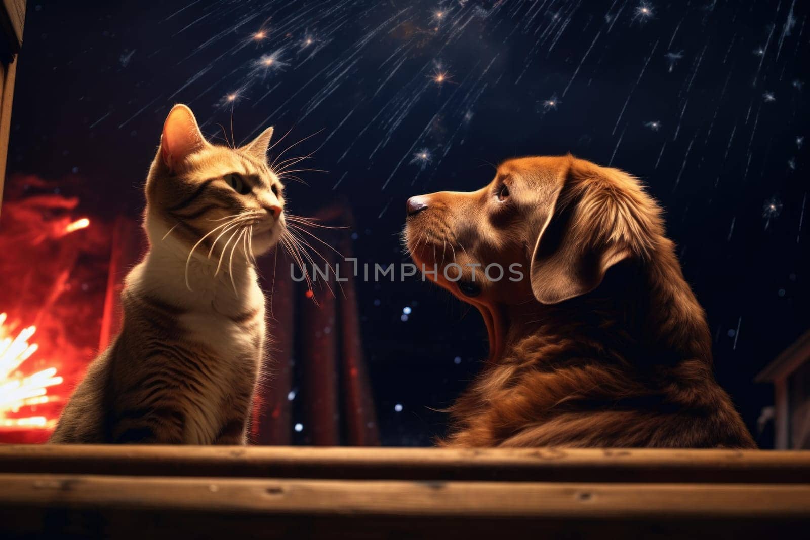 Furry Dog cat fireworks. Canine pet. Generate Ai