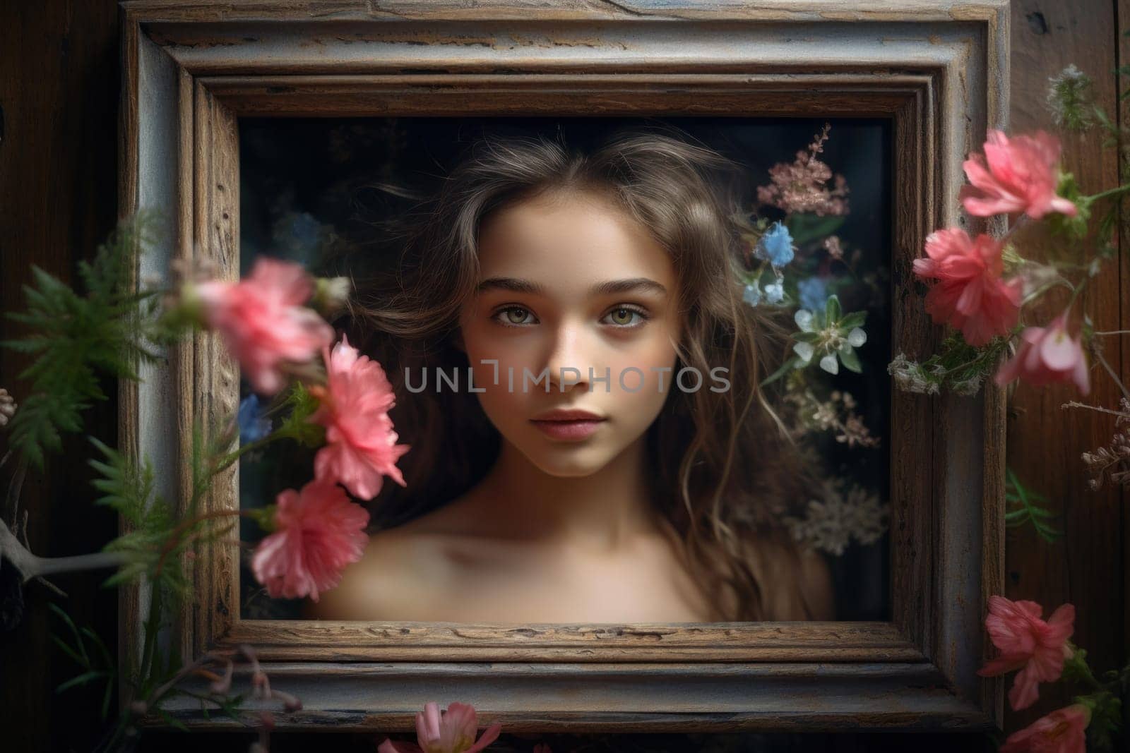 Vibrant Photo frame wild flowers. Art flowers leaf. Generate Ai