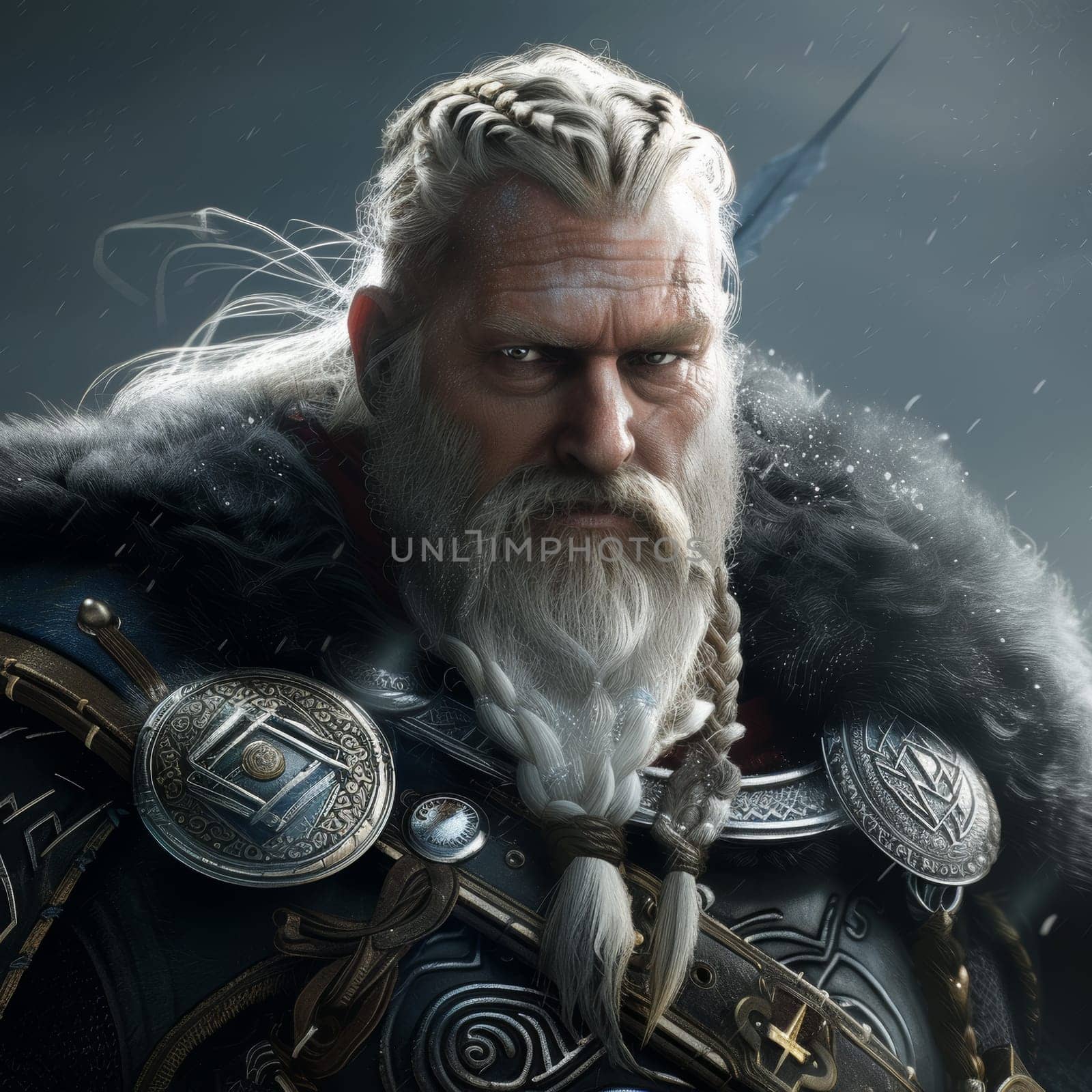 Stoic Viking warrior with braided beard in a snowy setting, adorned with intricate armor