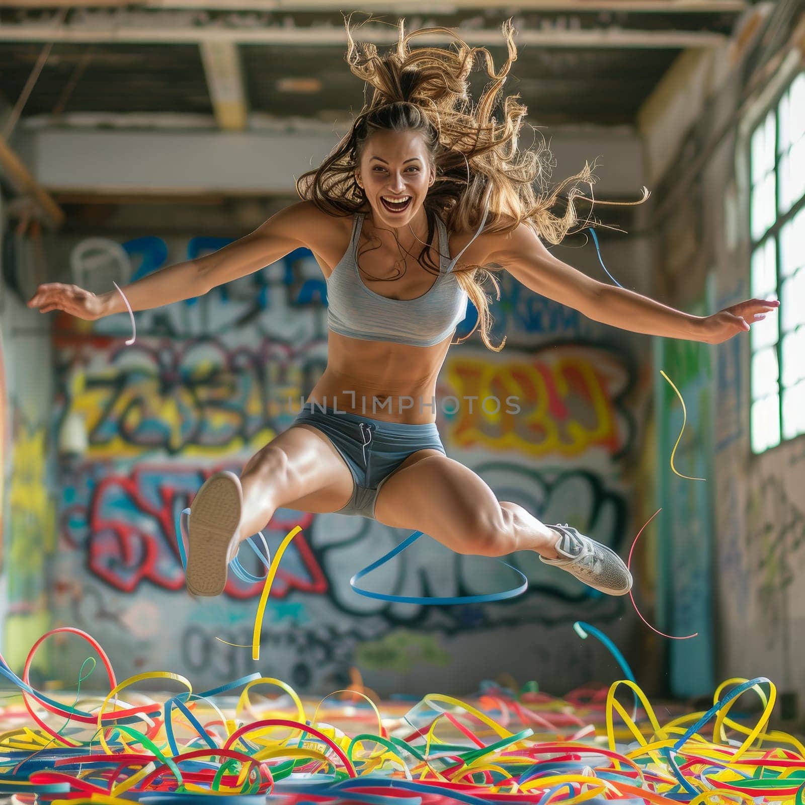 Woman in sportswear performs an airborne leap among colorful hoops